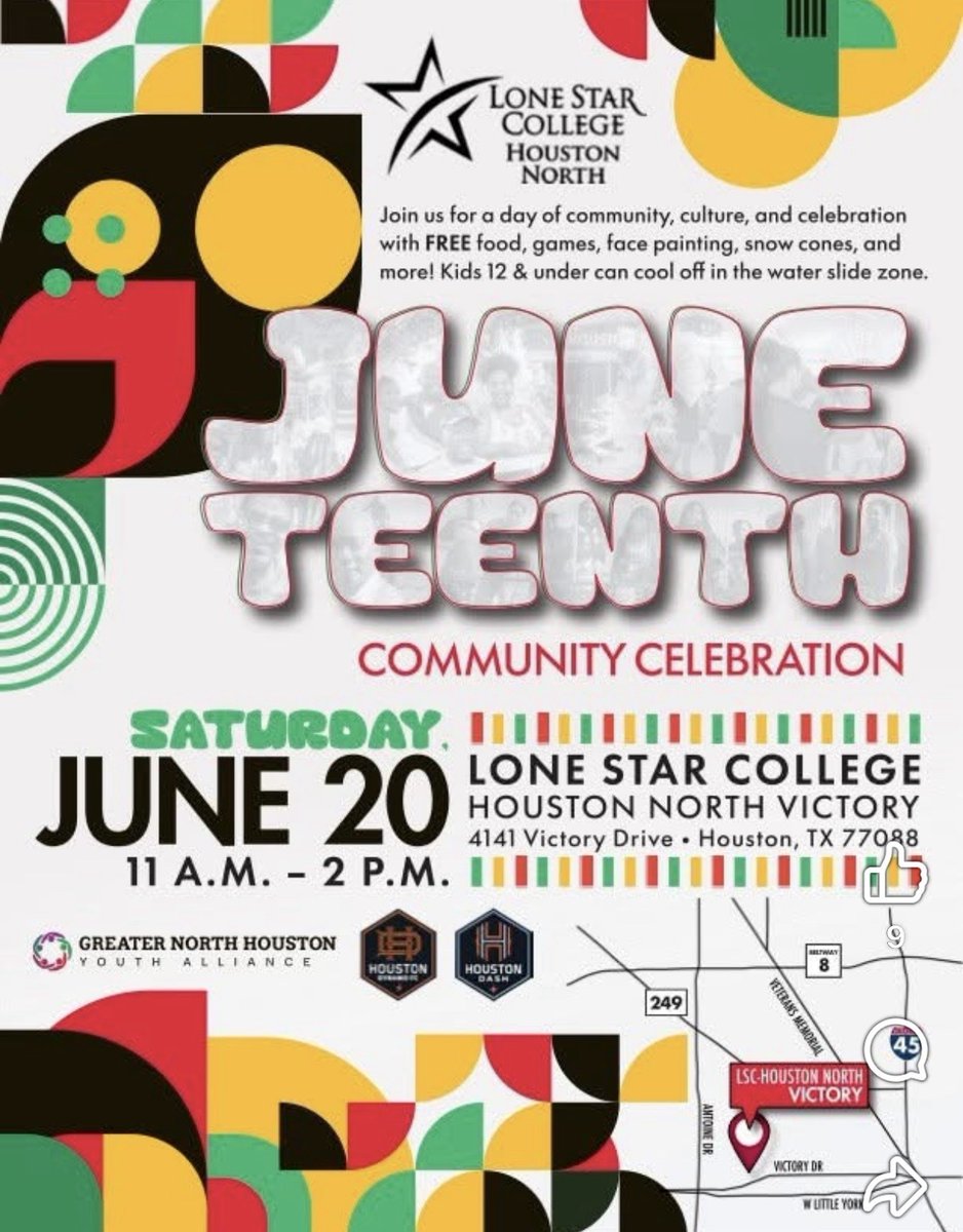 LaCongresista's tweet photo. 🎉 CELEBRATING JUNETEENTH THIS WEEKEND! 

Two of many events:
📍 Juneteenth Jubilee - Acres Homes Multi-Service Center - June 20
📍 Juneteenth Community Celebration - Lone Star College-Houston North - June 20

Bring the family. Honor the history. Celebrate the freedom. 🖤❤️💚 https://t.co/bgJ3pxjMgS