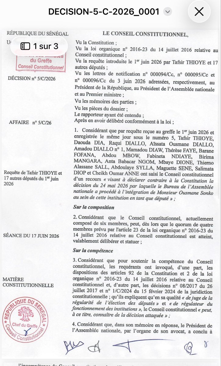 Cisse_Maps's tweet photo. Recours contre le retour d’Ousmane Sonko à l’Assemblée nationale : le Conseil constitutionnel se déclare INCOMPÉTENT. https://t.co/2b2uX1hf7A