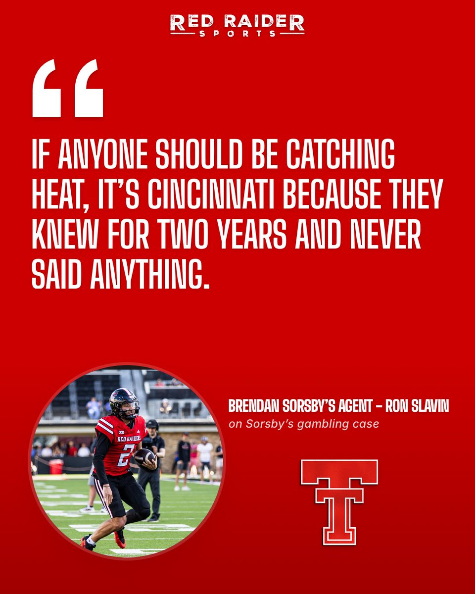 RedRaiderSports's tweet photo. NEW: What Brendan Sorsby’s agent said about #TexasTech, Cincinnati, the NCAA, the legal battle, and the national backlash, in an interview on Wednesday. 🏈 

STORY: https://t.co/Jw2b2YpBJD https://t.co/nNt2TbNsqd