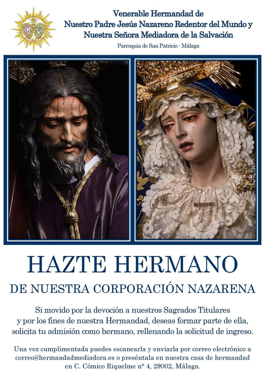 HdadMediadora's tweet photo. Hazte hermano | SI movido por la DEVOCIÓN a nuestros SAGRADOS TITULARES y por los FINES de nuestra Hermandad, deseas formar parte de nuestra Corporación nazarena, 
solicita tu admisión como hermano aquí 👉 
https://t.co/poBF4NEi6z https://t.co/4sSebqy95M