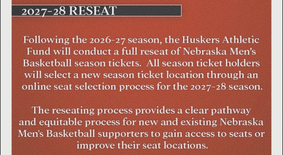 randysilvertv's tweet photo. Nebraska Men’s Basketball news for season ticket holders at PBA

There will be a reseat of all season ticket holders following this upcoming season.

Something similar was done for Husker Volleyball at Devaney in conjunction  with the construction upgrades.

@NTVNEWS https://t.co/tvD3XUkLTc