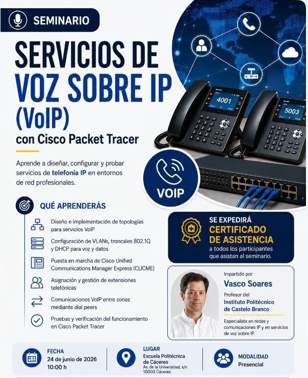 EPCC_Unex's tweet photo. 🎙️ ¿Sabías que las llamadas de voz también viajan por redes IP?

En este seminario aprenderás a diseñar y configurar servicios VoIP con Cisco Packet Tracer: telefonía IP, VLANs, extensiones, DHCP y comunicaciones entre sedes en entornos profesionales.

📌https://t.co/GB6cK4DrF4 https://t.co/sae4X4eZ2U