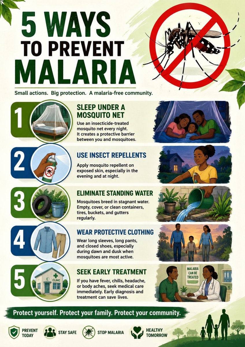 AfricanWasiu's tweet photo. Malaria is preventable. Do these 5:  
Nets, repellent, drain water, cover skin, seek care early.  
Protect your family.  
#StopMalaria #HealthyLiving #WasiuOlatundeAfricanFoundation https://t.co/4GQYKaQdZV