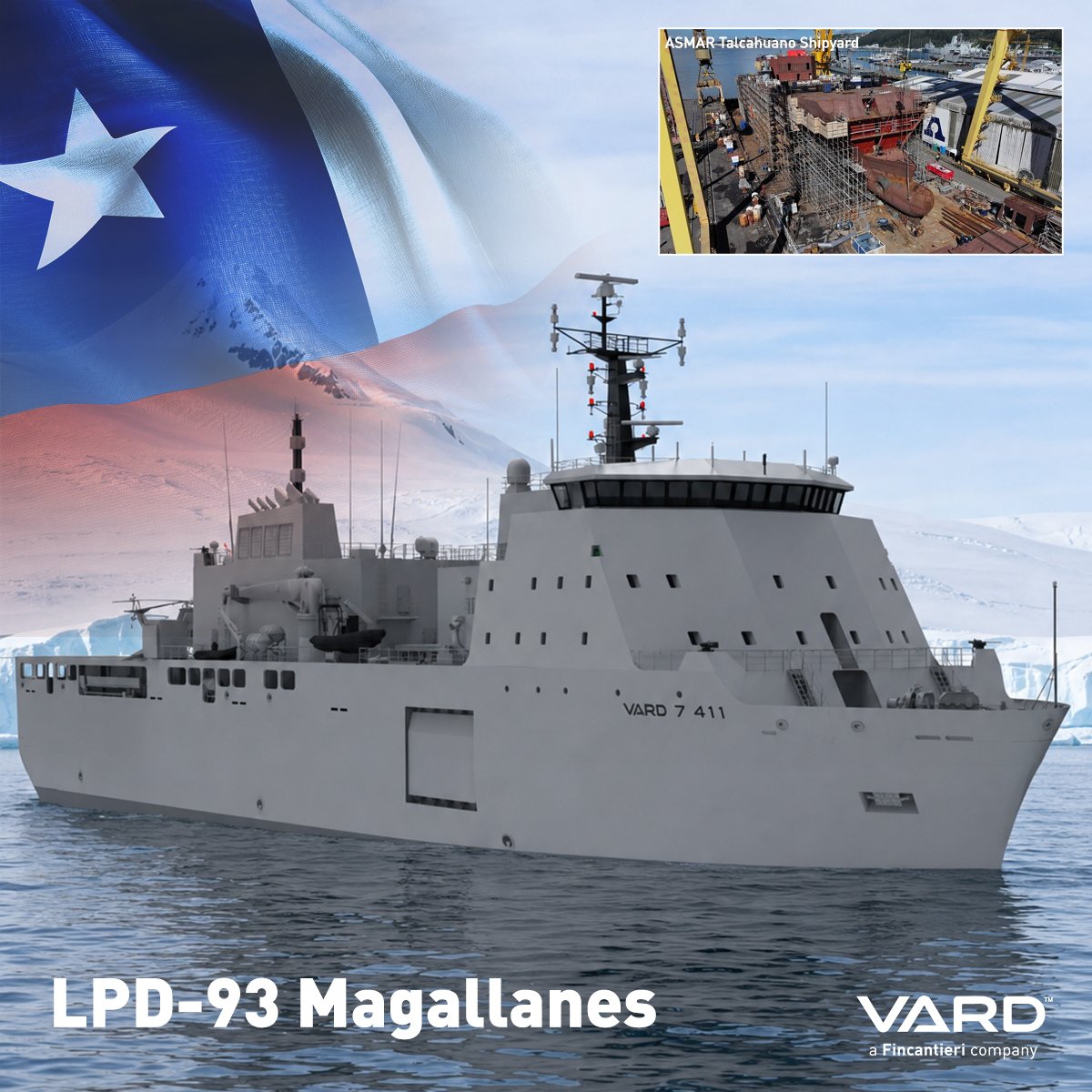 VardMarineInc's tweet photo. We’re excited to see the launch of the LPD-93 Magallanes tomorrow! The first of four planned multipurpose amphibious transport ships for the @Armada_Chile, she was designed by Vard Marine under the Escotillón IV project. Congratulations to #ASMAR and the Armada de Chile! https://t.co/FHmdCIpax6