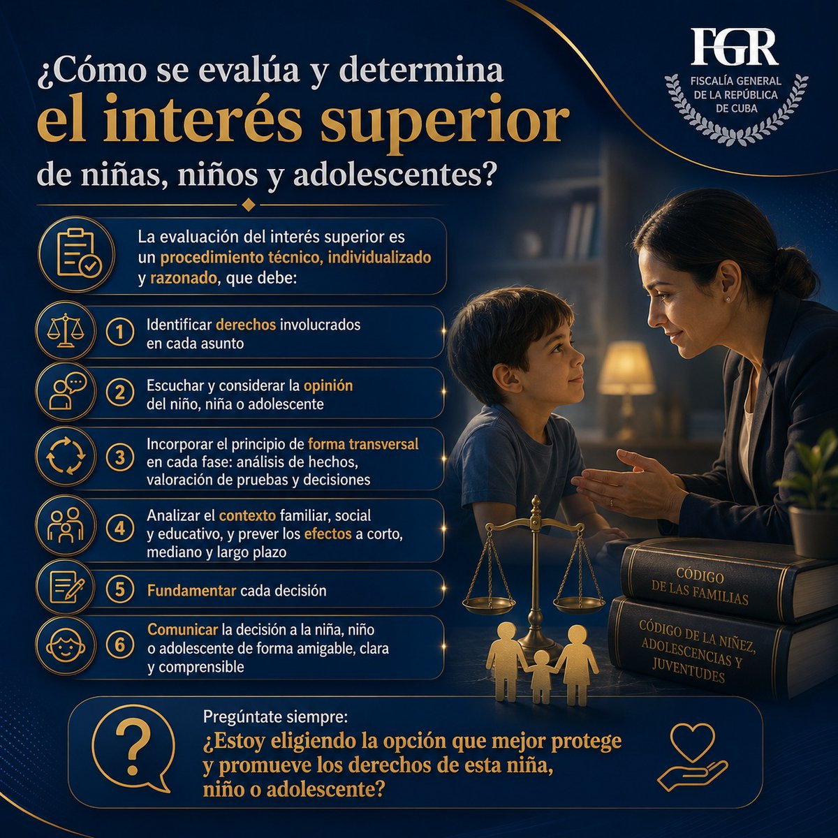 FGR_Cuba's tweet photo. ⚖️ | #CulturaJurídica | ¿Cómo se evalúa y determina el interés superior de niñas, niños y adolescentes?

✍️ | La respuesta en la siguiente infografía ⬇️ 

🌐 | Profundice en el artículo ⬇️
https://t.co/9uYEp43wlJ

#FiscalíaCubana https://t.co/wU173AMz9L