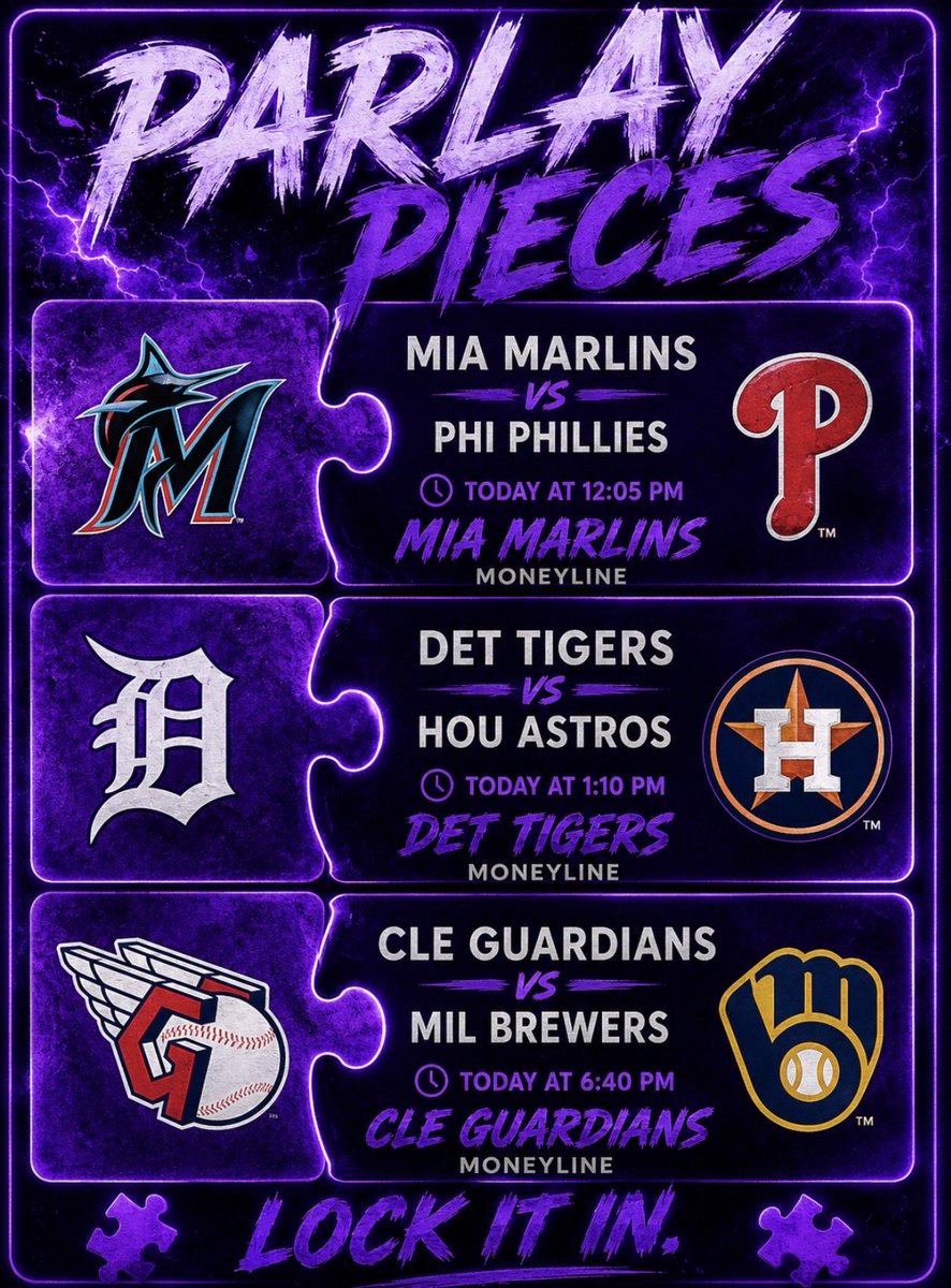 treyissharpp's tweet photo. 🧩 Parlay Pieces: Marlins ML • Tigers ML • Guardians ML. Lock it in. https://t.co/ftRGECjdSY