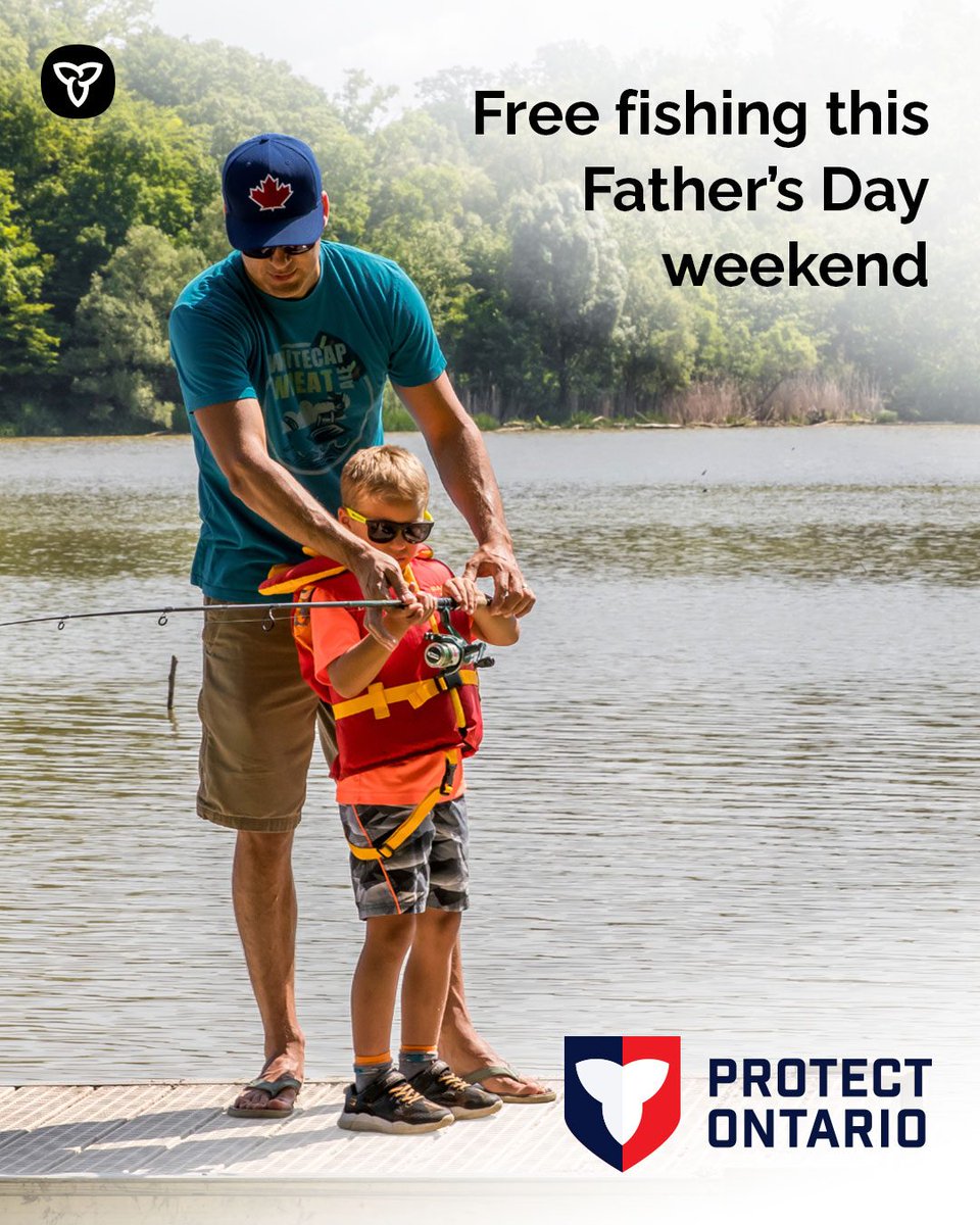Alt Text: Man helping a boy hold a fishing rod on a dock with a lake and trees in the background with text “Free Fishing this Father’s Day weekend”