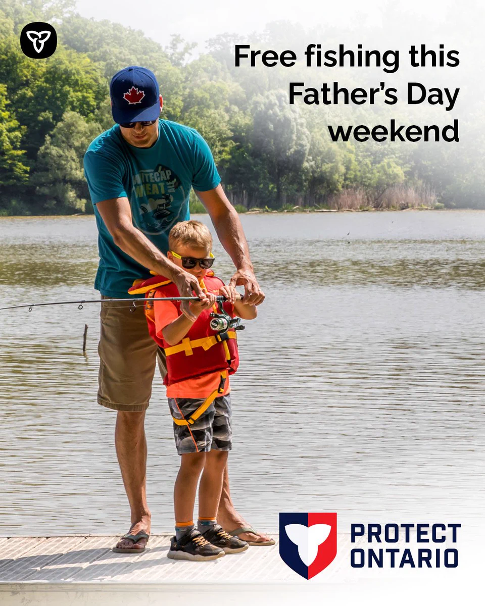 Alt Text: Man helping a boy hold a fishing rod on a dock with a lake and trees in the background with text “Free Fishing this Father’s Day weekend”