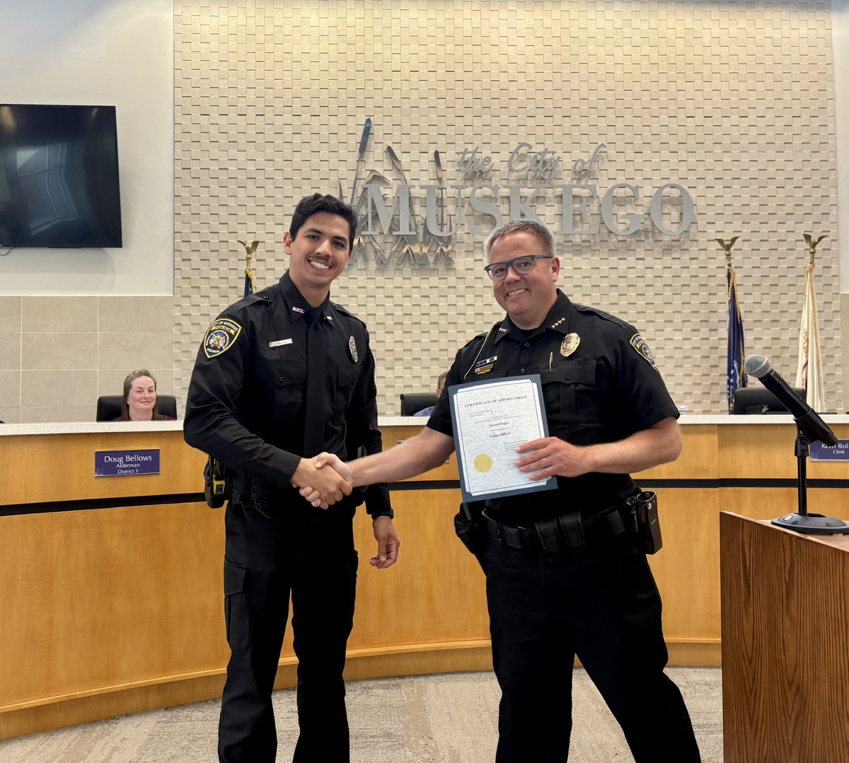 MuskegoPolice's tweet photo. We introduced him following graduation from the academy last month, but last night, Officer Sagri was officially sworn in during the common council meeting at City Hall. Please join us again in wishing him a warm welcome to the team! #1WARRIOR https://t.co/EoxBTVReZM