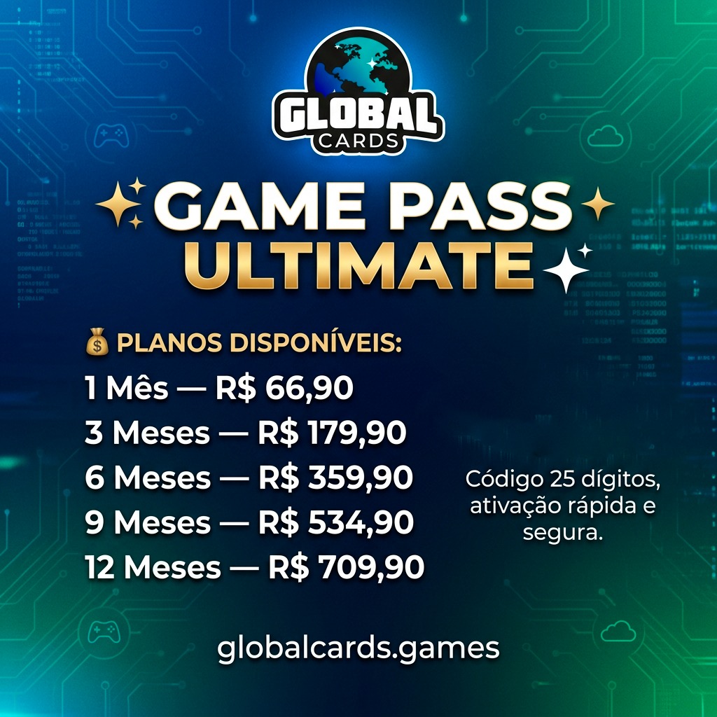 GamesFliper1's tweet photo. ✔️Entre no Grupo da Global Cards Nesse Link- https://t.co/Mp6EWloCL9

✨ GAME PASS ULTIMATE 

💰 PLANOS DISPONÍVEIS:

* 1 Mês — R$ 66,90
* 3 Meses — R$ 179,90
* 6 Meses — R$ 359,90
* 9 Meses — R$ 534,90
* 12 Meses — R$ 709,90

👉 Código 25 dígitos, ativação rápida e segura. https://t.co/K6wFb5qzGc