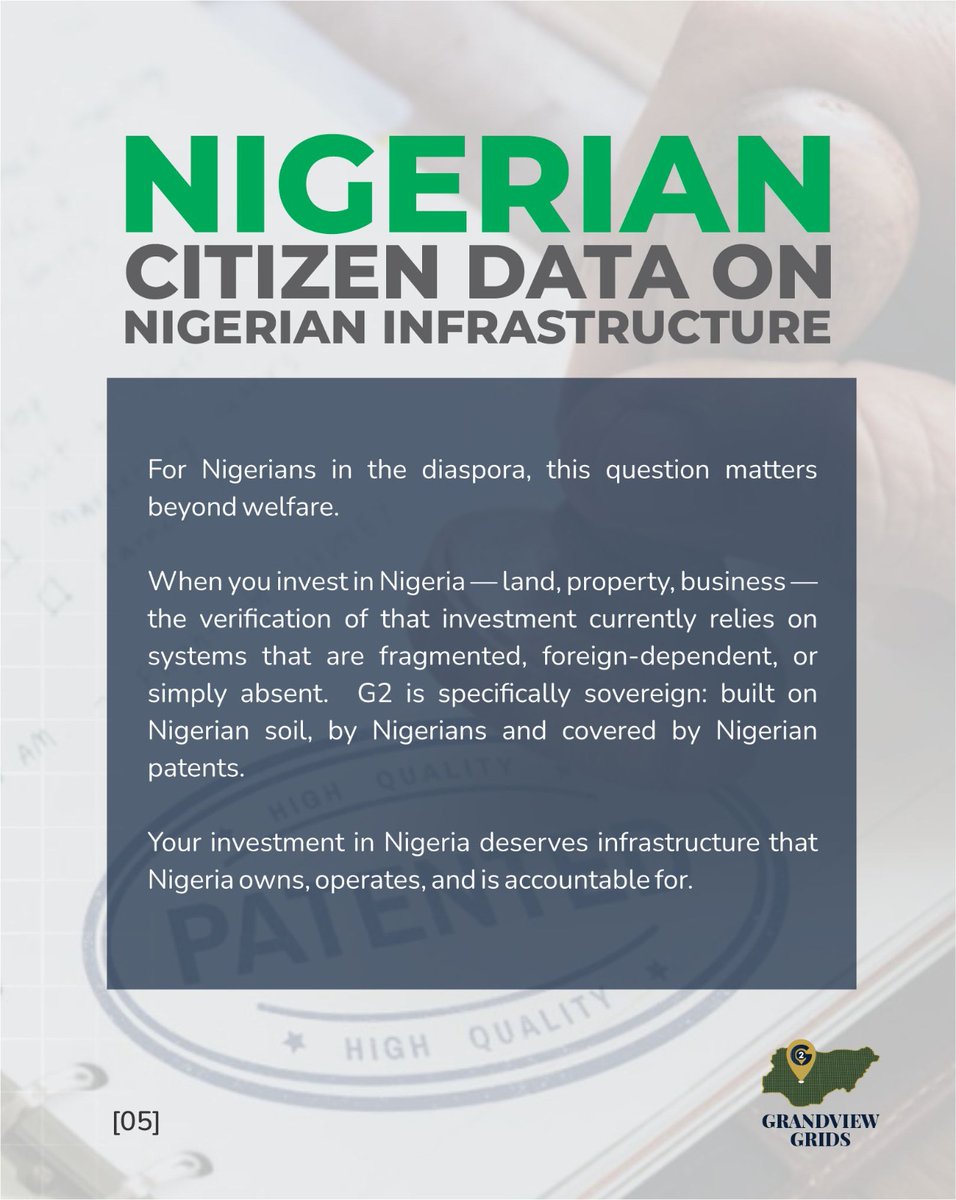 GrandviewGrids's tweet photo. You send money home every month.

Your mum has been on the government welfare list for two years. She has never received a transfer.

Not because she did not register. Because her address does not exist in any database that the system can verify against.

This is not a story about Nigeria's politics. It is a story about infrastructure — and what is finally being built to fix it.

Swipe.

#G2 #NigerianDiaspora #GrandviewGrids #SovereignInfrastructure #HomeIsHome