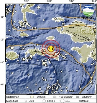 InfobmkgM's tweet photo. Info Gempa Mag:3.1, 18-Jun-2026 00:23:07 WIB, Lok: 2.84 LS - 130.15 BT, 48 km Barat Laut SERAMBAGIANTIMUR-MALUKU, Kedlmn: 10 km ::BMKG https://t.co/doyQjGIZRu