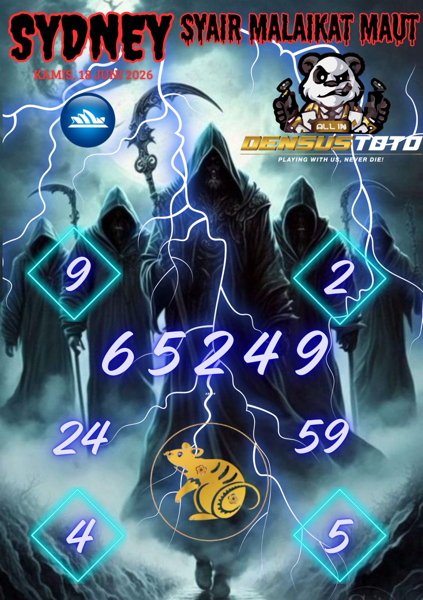 DensusTotoVIP's tweet photo. SYAIR/PREDIKSI TOGEL SYDNEY KAMIS, 18 JUNI 2026 #prediksisydney #togelsyd #kodesyair #togelsydney #densustoto #resultsyd #indonesia #togelonlineindonesia #bandartogel #hasiltogel #totomjp #prediksitop #juditogelonline https://t.co/rZbdWCS3bL