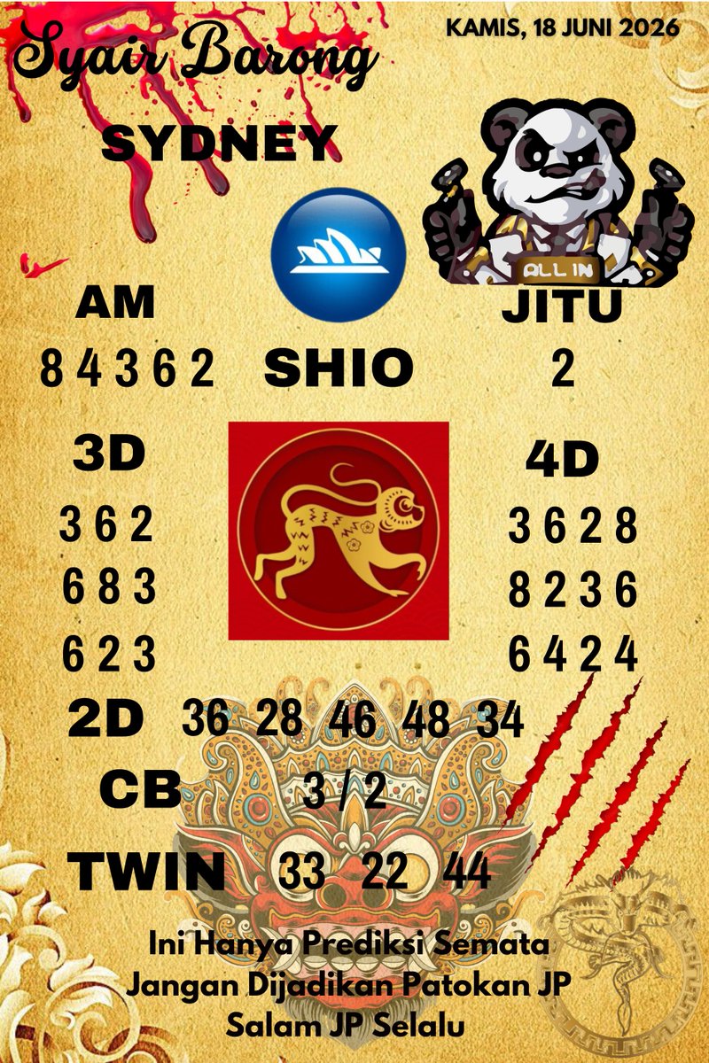 DensusTotoVIP's tweet photo. SYAIR/PREDIKSI TOGEL SYDNEY KAMIS, 18 JUNI 2026 #prediksisydney #togelsyd #kodesyair #togelsydney #densustoto #resultsyd #indonesia #togelonlineindonesia #bandartogel #hasiltogel #totomjp #prediksitop #juditogelonline https://t.co/rZbdWCS3bL