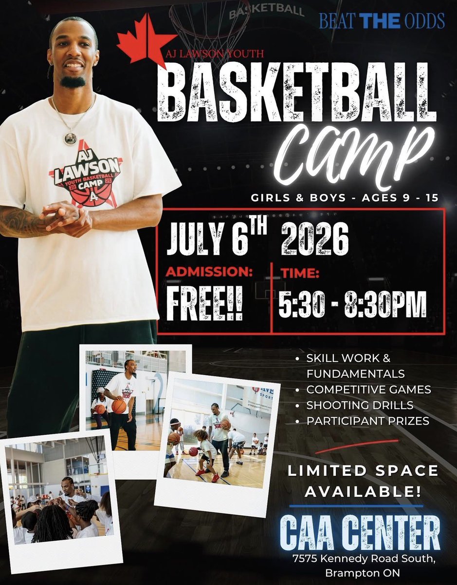 OmerOsman200's tweet photo. For the second straight year, Brampton’s own AJ Lawson will be hosting a basketball camp for boys and girls between the ages 9-15, in his hometown. 🇨🇦❤️

Always giving back to his city. 🌺 

🔗: https://t.co/CsBeHkdK41 https://t.co/7AEoZ8zRa0