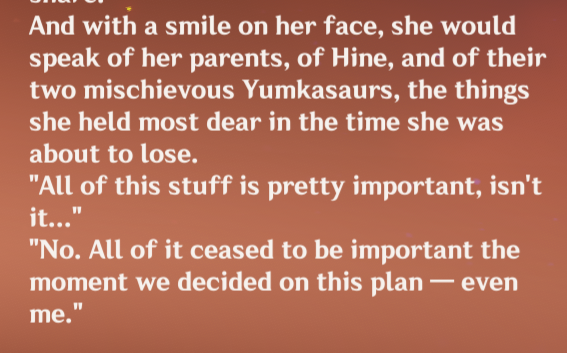 CEOofMav's tweet photo. one of my favourite stuff from mavuika's character stories - her admitting that nothing, not even she was important when it came to realization of her plan😭 https://t.co/72YCQQdHiO