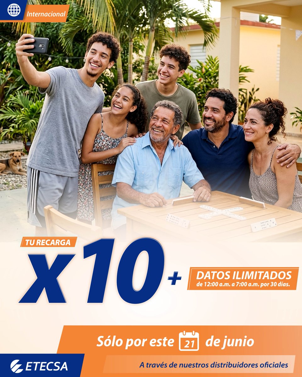 MaydelinRa's tweet photo. Solo por el 21 de junio, los clientes que reciban una #RecargaInternacional entre 600  y 1250 CUP, ¡multiplicarán por 10 el monto de dinero recargado en su saldo principal y obtendrán datos ilimitados para navegar de 12:00 a 7:00 a.m. durante 30 días! 
#EtecsaConCuba
#Mayabeque https://t.co/z3f1q4qfT2