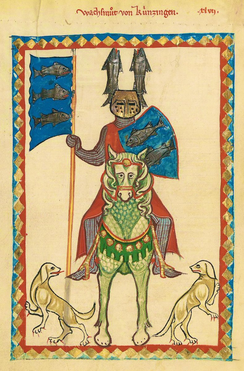 Plantagenet1455's tweet photo. This illumination is from the Codex Manesse, a 14th-century manuscript. It depicts the knight Wachsmut von Künzingen, whose shield, helmet, and banner feature a distinctive heraldic design of fish. https://t.co/TzQvKAc8Dy