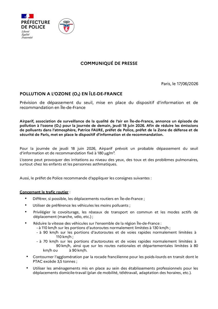 prefpolice's tweet photo. Pollution à l’ozone (O₃) en Île-de-France - Prévision de dépassement du seuil, mise en place du dispositif d’information et de recommandation en Île-de-France.

Consultez notre communiqué de presse ⤵️ https://t.co/AYZVhvcdxB
