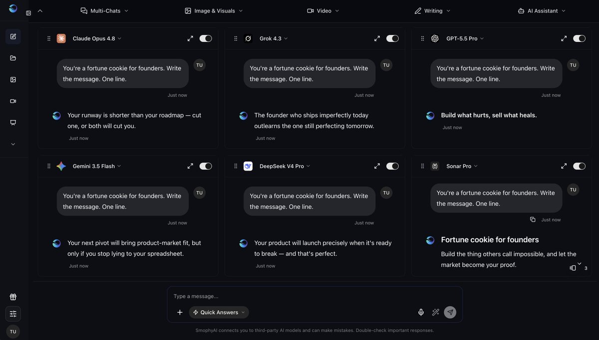 SmophyAI's tweet photo. Gave 6 AI models the same prompt: "You're a fortune cookie for founders. Write the message."

Six totally different personalities. Grok 4.3 (new in SmophyAI) in the mix.

Same prompt, six minds. That's the whole point of running them side by side. https://t.co/rqJujpCKFF