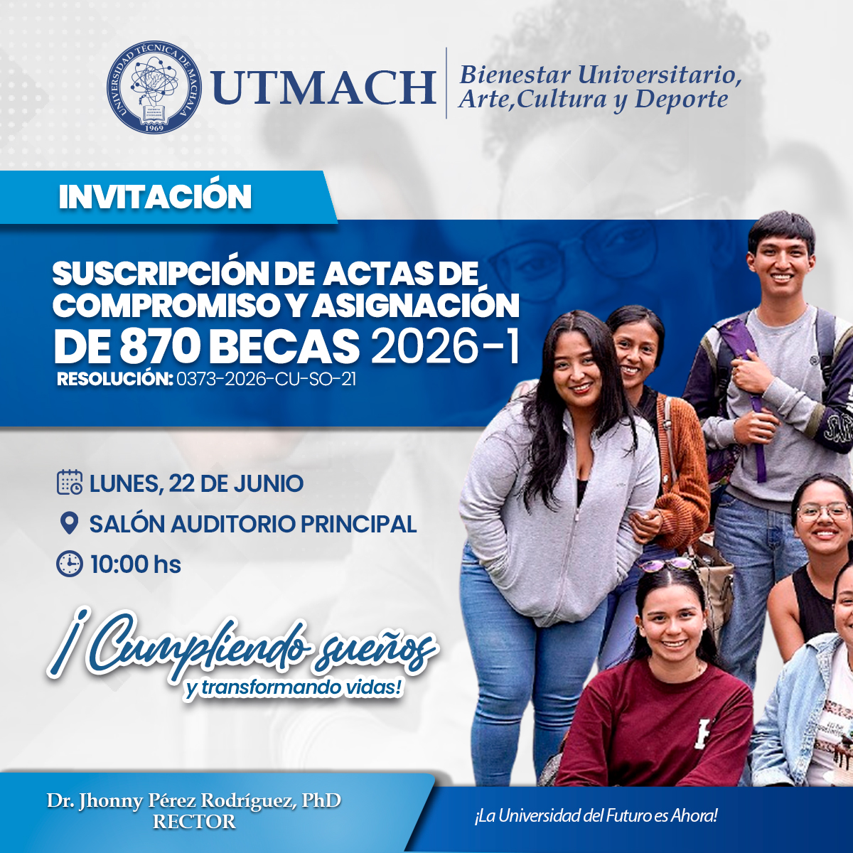 bienestarUTMACH's tweet photo. 📢 INVITACIÓN |

Suscripción de Actas de Compromiso y Asignación de Becas Periodo 2026-1 🧑‍💻👨‍💻

🗓️ Fecha: Lunes, 22 de junio
🕙 Hora: 10:00 hs
📍 Lugar: Salón Auditorio Principal https://t.co/tKBhOdKLFn