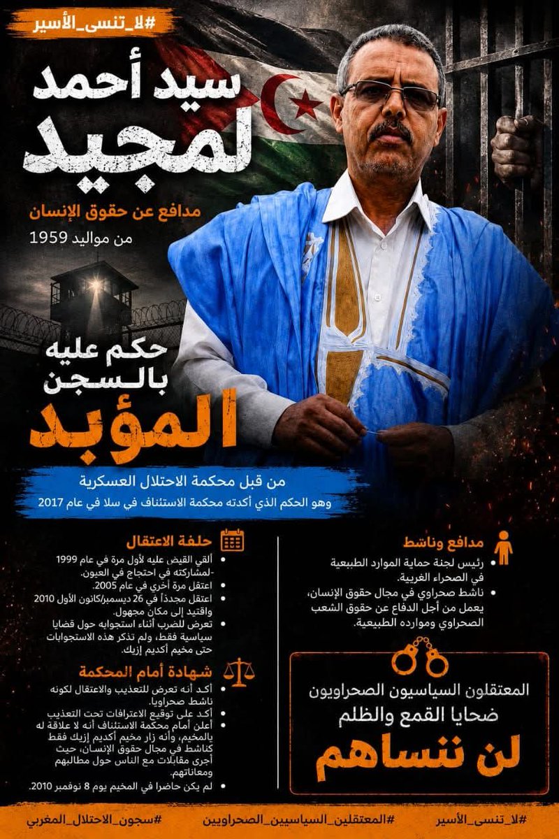 AnnaSahrauia's tweet photo. الأسير المدني الصحراوي صمن مجموعة #گديم_ازيك #سيد_احمد_لمجيد حكمت عليه دولة الاحتلال المغربي ب #المؤبد .
#أنقذوا_أسرى_أكديم_إزيك https://t.co/9E1ztW8T1c