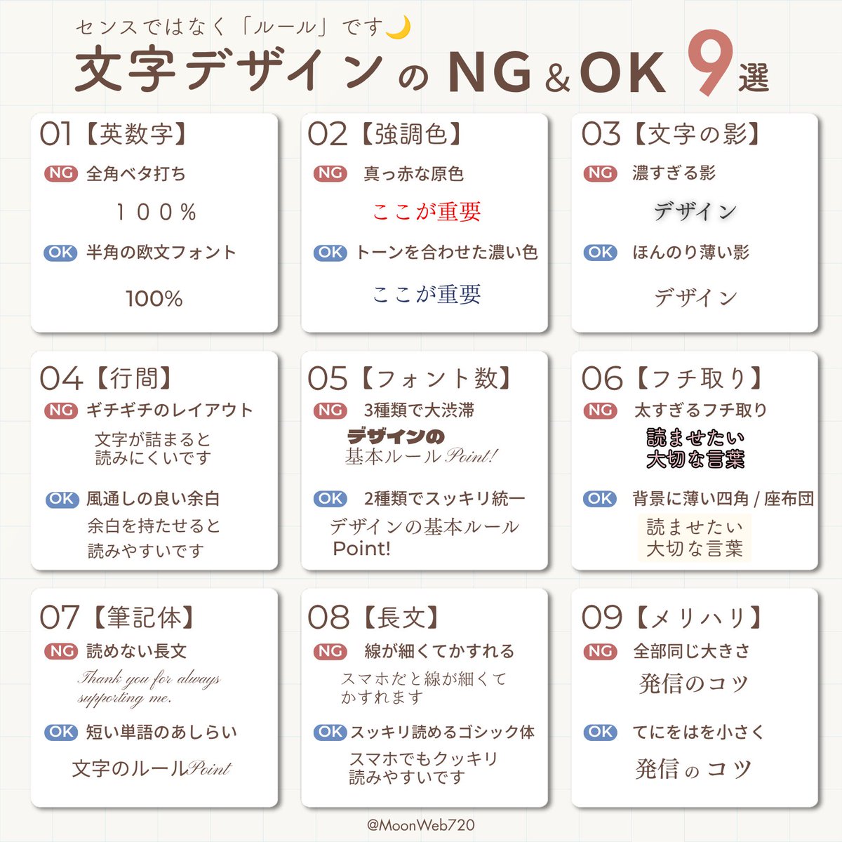 MoonWeb720's tweet photo. 文字デザインは、
センスではなくルールです。
・全部同じ大きさにしない
・フォントを増やしすぎない
・文字を詰め込みすぎない
・強調色は原色のまま使わない

小さな違いですが、
見やすさは大きく変わります。
「なんか読みにくい…」
と思った時は、
ルールを見直してみるのがおすすめです。 https://t.co/NSg7xocTPi