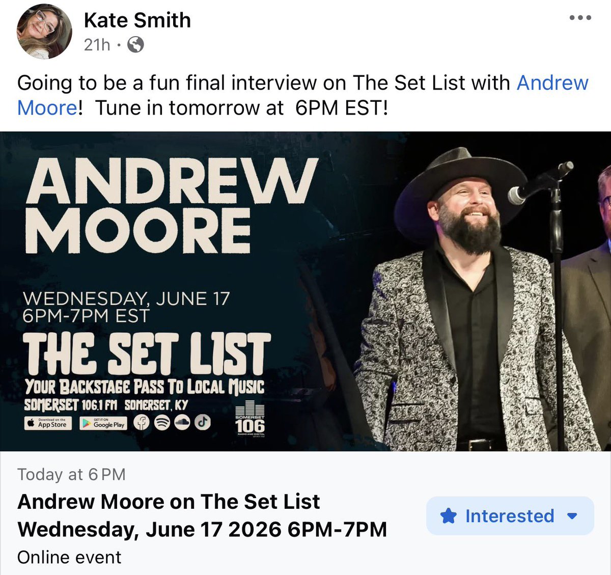 AndrewMandHooch's tweet photo. Andrew is honored to be the last guest of Kate Smith’s on @somerset106 this evening! You can tune in online or on your FM dial if you’re in our neck of the woods. Kate has shined a light on independent artists for quite sometime and I know that our fellow independent artists appreciate her as much as we do. Catch Andrew on The Set List tonight at 6pm where he will play an unreleased song live on air and have in depth conversations with Kate! 🎶 #radio #independentartist #newmusic #andrewmooreandhooch