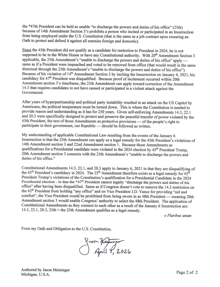 JasonMeininger's tweet photo. There is no need to assassinate Politicians when We vote in elections to replace, or call upon the laws violated to remove. The peaceful mechanism and legal way to remove Trump, protects the Presidency, and is attached to this post, respectfully.
 
#OnetoKnow #VoteInPeace https://t.co/Z3UYF5cdHC