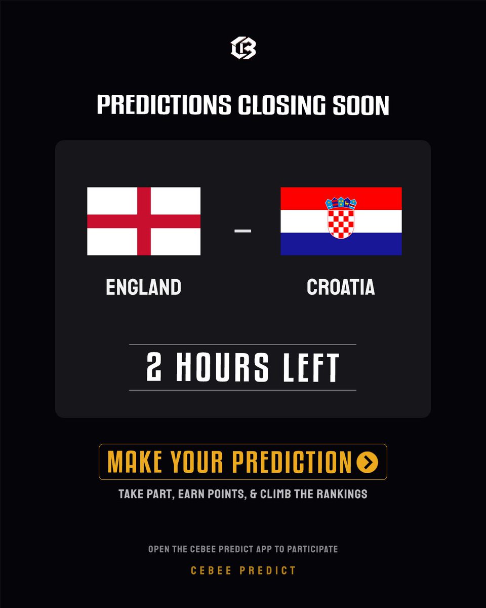 CeBeePredict's tweet photo. 🚨 Prediction Closing Soon.

Less than 2 hours remain before the prediction window closes.

Final opportunity to submit or update your predictions. 

#CeBeePredict #CeBeeCommunity #FootballPredictions #WorldCup2026 #FootballFans #FootballCommunity #PredictClimbWin
#CeBeeVote #CeBeeMatchday #FootballCompetition #WorldCupPredictions