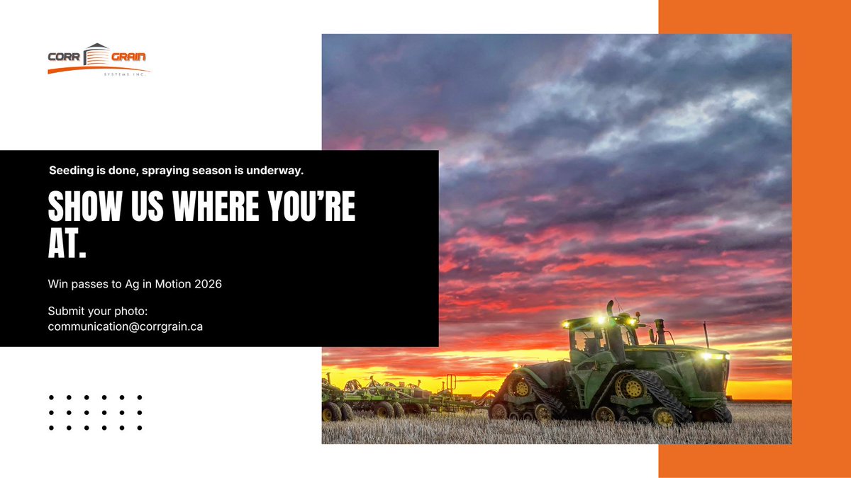 CorrGrain's tweet photo. Last call for Snap &amp; Share entries, contest closes this Sunday, the 21st!
Seeding's done, the sprayer's out, and the season is moving fast. Capture where you're at right now. Chance to win passes to Ag in Motion 2026! Submit to communication@corrgrain.ca
#CORRGrain #SnapAndShare https://t.co/gqAAx2Tgcz