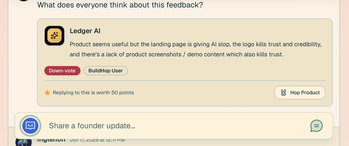 JacobCounsell's tweet photo. You can now Hop products directly from feedback within the founders feed on @Buildhop_io!

A highly requested feature enhancement. https://t.co/ASS7sQWfId