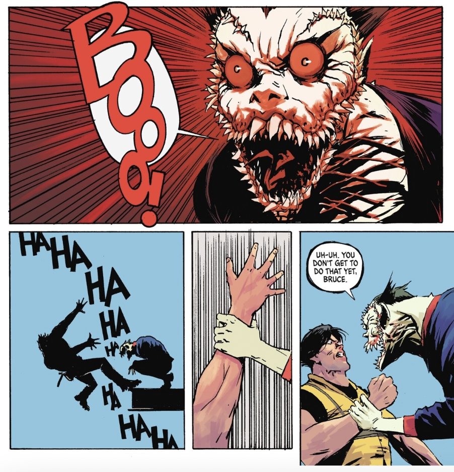 vampyrobat's tweet photo. ABS BATMAN #21 SPOILERS

I'm still unsure of how to feel about the Batman Project, but this sequence speaks to this meta-textual horror aspect of Batman i've recently become very interested in. After a certain point in his career, the choice to be batman is no longer his + https://t.co/Alxm2ommBg