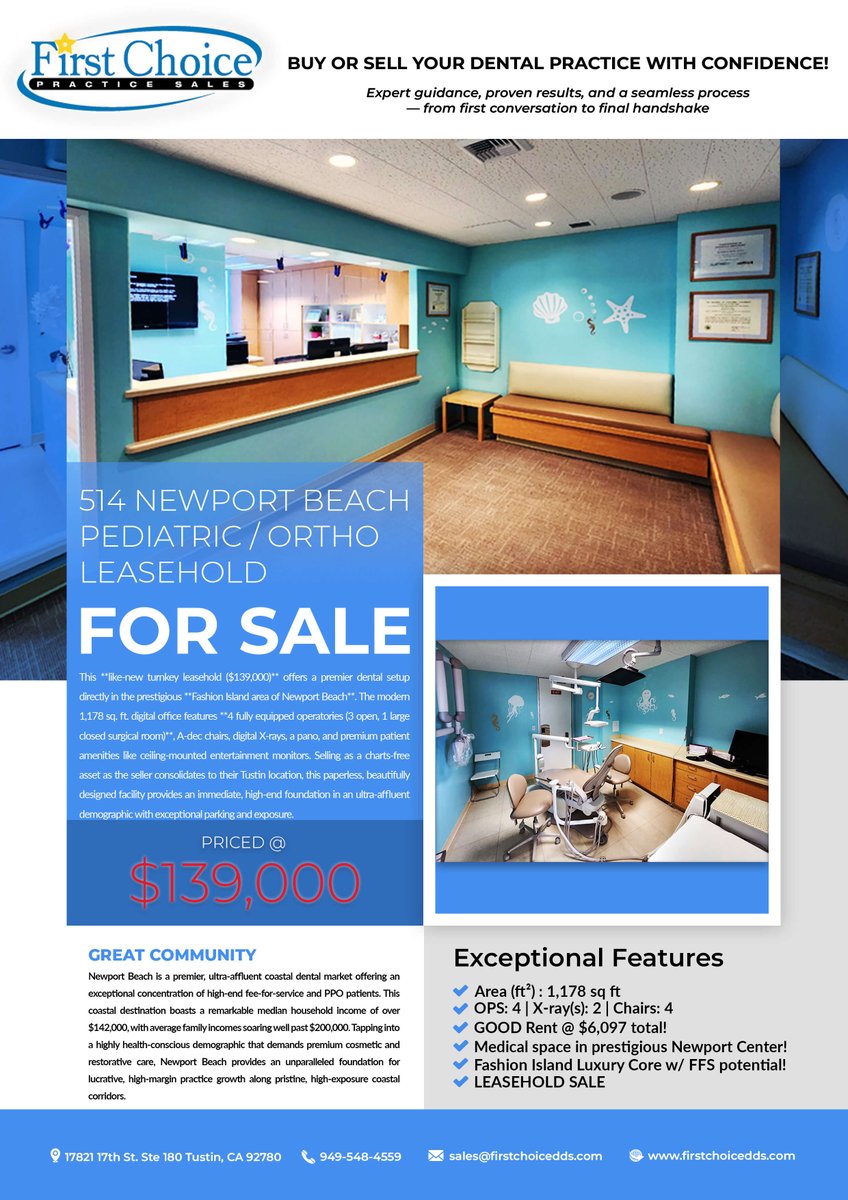 FirstChoicePS's tweet photo. 📈 LISTING UPDATE: Like-New Turnkey Dental Office Near Fashion Island! (Ref #26-514) 🦷💥

📍 Premium Newport Beach location with great parking & demographics
🏢 4 Ops (4 chairs) | 1,178 sq. ft. layout with top-tier Adec chairs
😷 Features 3 open ops + 1 closed surgical room
💻 Paperless & fully digital with digital X-rays + Pano!

Motivated seller focusing on primary Tustin office (will take charts). Skip the build-out delays! 🚀

Price: $139,000

Specs: https://t.co/22tA7PxYLU

First Choice Practice Sales, Inc.
📞 949-548-4559
📧 sales@firstchoicedds.com
🌐 https://t.co/homLDDSeUX

#NewportBeachDentist #OrangeCountyDentist #DentalPracticeForSale #TurnkeyDental