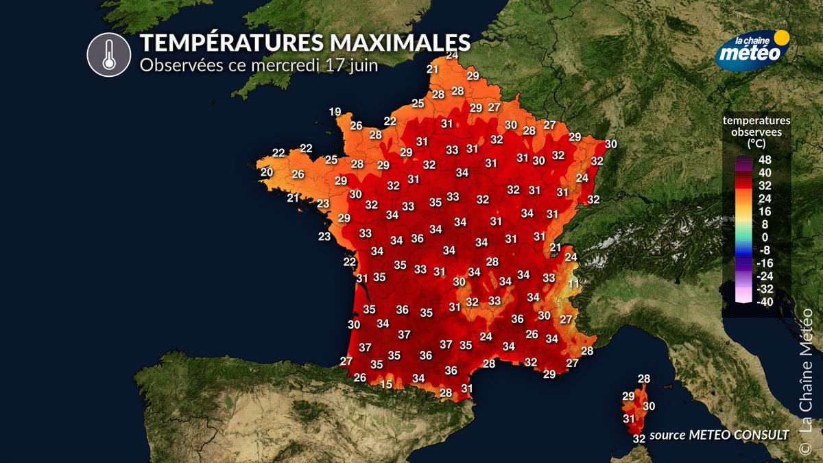 lachainemeteo's tweet photo. 🥵🌡️Ce mercredi marque le début d'une #canicule intense et durable en France. Les fortes #chaleurs se sont étendues jusqu'au nord, et les très fortes chaleurs ont concerné le sud-ouest, avec jusqu'à 37,5°C relevés à Toulouse (31) par exemple. https://t.co/xdbkWiPEBW