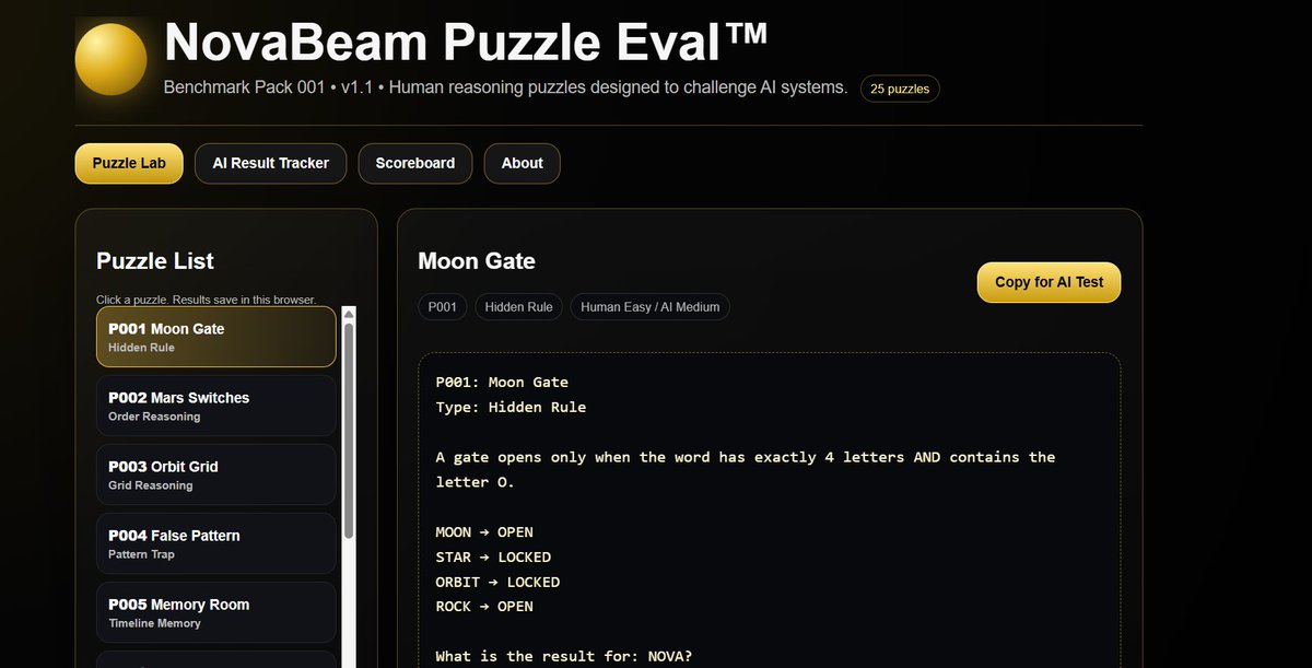 HouseOfQrCode's tweet photo. I just released NovaBeam Puzzle Eval™ v1.1 — Benchmark Pack 001.

It is a small public puzzle benchmark designed to test where AI models still make reasoning mistakes.

Includes:
Grid reasoning
Hidden-rule puzzles
Timeline memory
Classic puzzle remixes
Multi-rule logic

Built by Tyrone M. Sanders, PhD
House of the QR Code™

#AI #LLM #ArtificialIntelligence #Benchmark #PuzzleEval #NovaBeam #Reasoning

@MechanizeWork