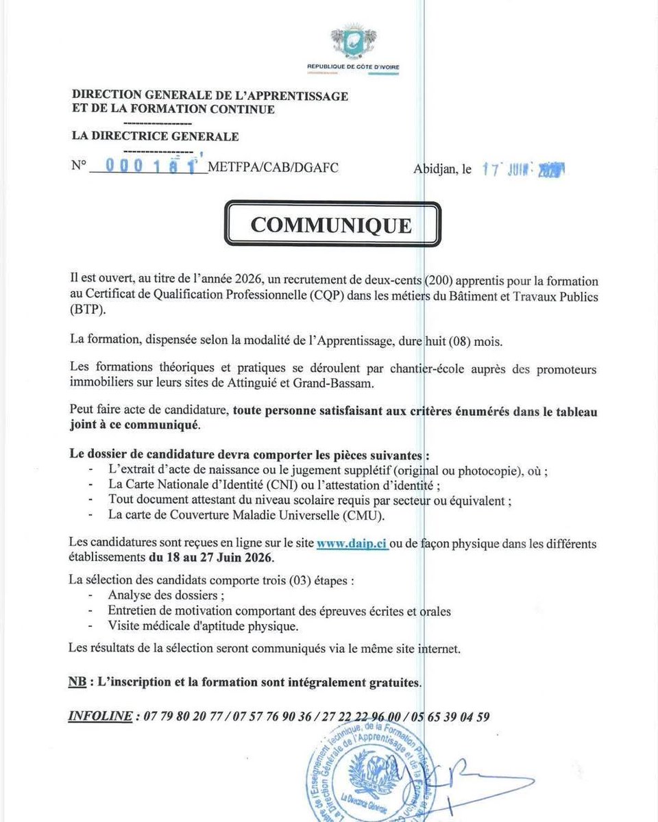 LucaVaran's tweet photo. #DAIP/ COMMUNIQUÉ
Il est ouvert, au titre de l’année 2026, un recrutement de deux cents (200) apprentis pour la formation au Certificat de Qualification Professionnelle (CQP) dans les métiers du Bâtiment et des Travaux Publics (BTP).
Les candidatures sont reçues en ligne sur le site https://t.co/ZRSQHsLzZm ou de façon physique dans les différents établissements du 18 au 27 juin 2026.
INFOLINE :
07 79 80 20 77 / 07 57 76 90 36 / 05 65 39 04 59