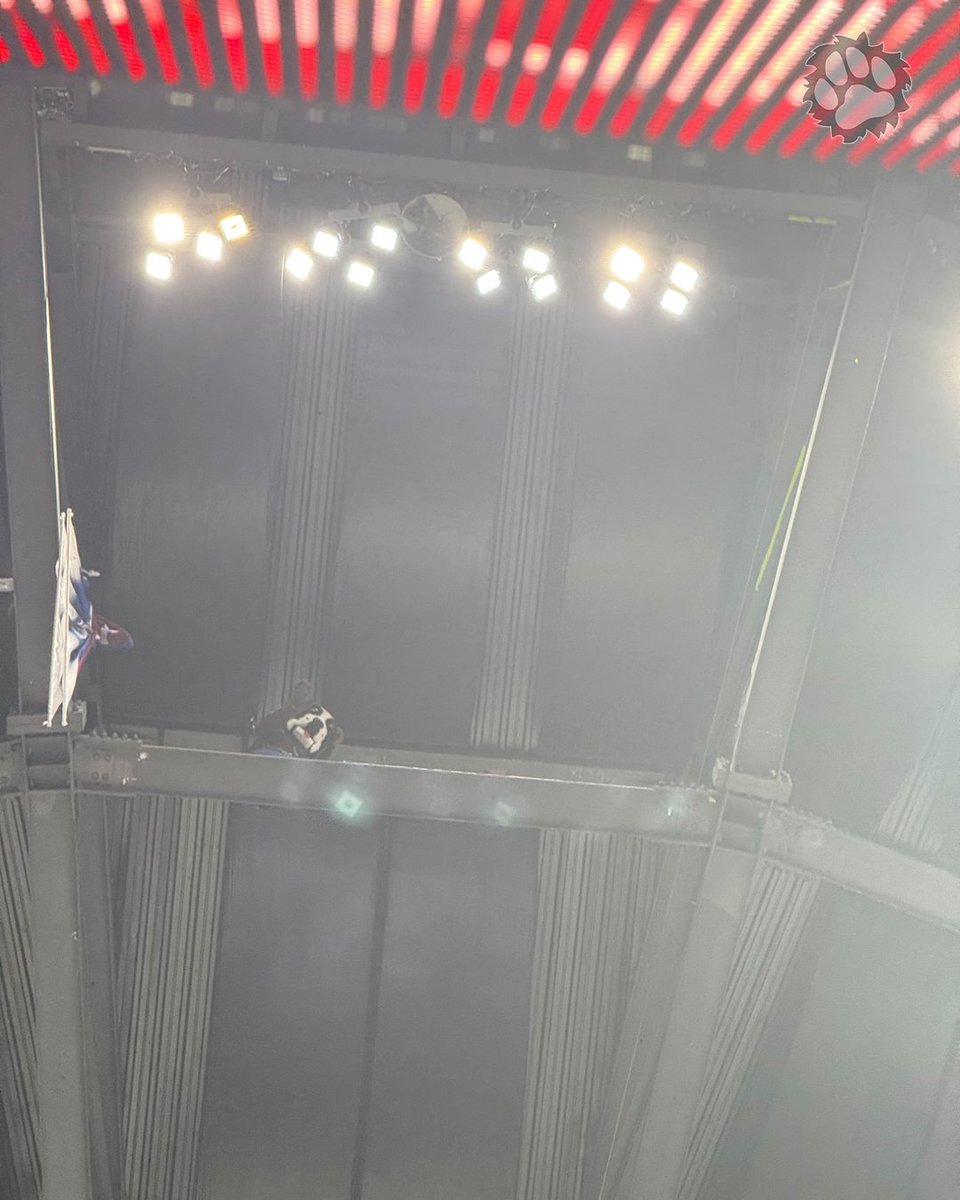 A photo taken from the ground at Ball Arena looking straight up to Bernie who is in the walkways at the roof of the arena looking down and waving.
