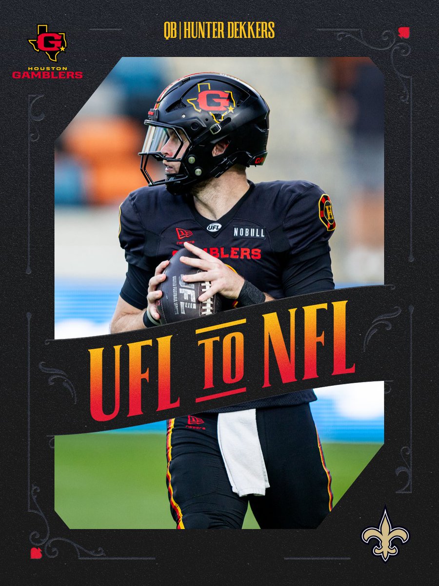 UFLGamblers's tweet photo. Taking his talents back to the Big Easy ⚜️

Hunter Dekkers has signed with the Saints!

#UFLtoNFL https://t.co/3iRdq542IW
