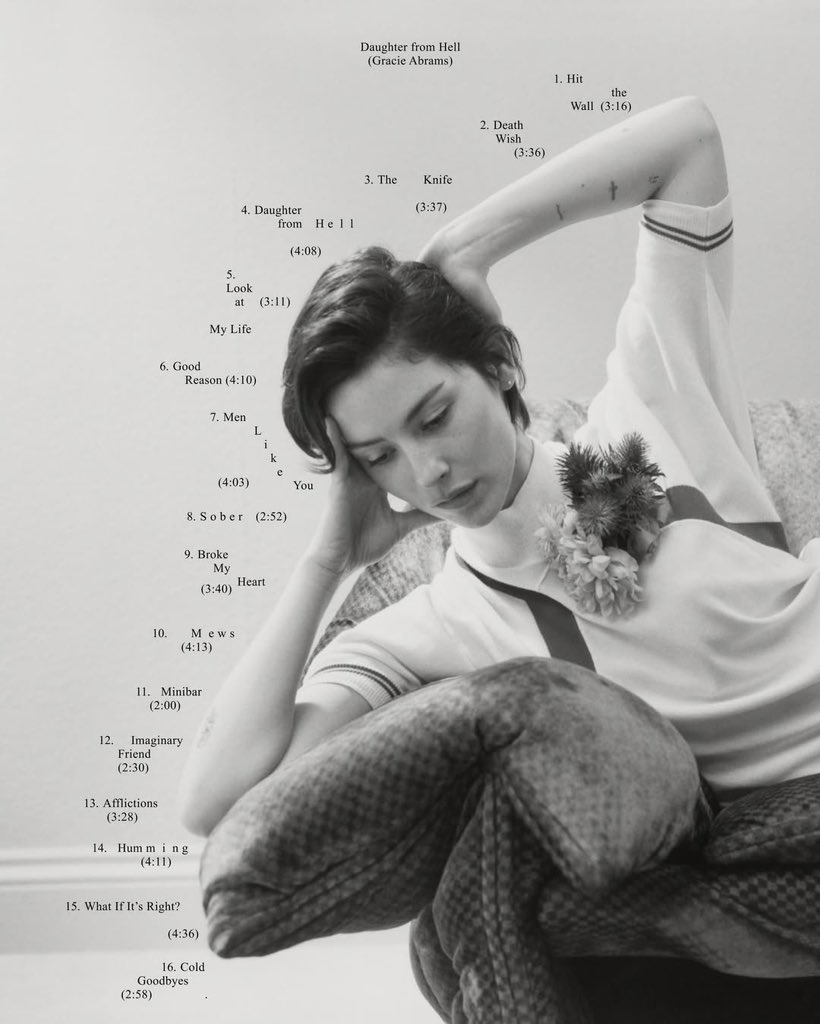 PopCrave's tweet photo. Gracie Abrams shares complete track list for her upcoming album, 'Daughter from Hell.’ 

Out July 17. https://t.co/r9SfXcY1v6