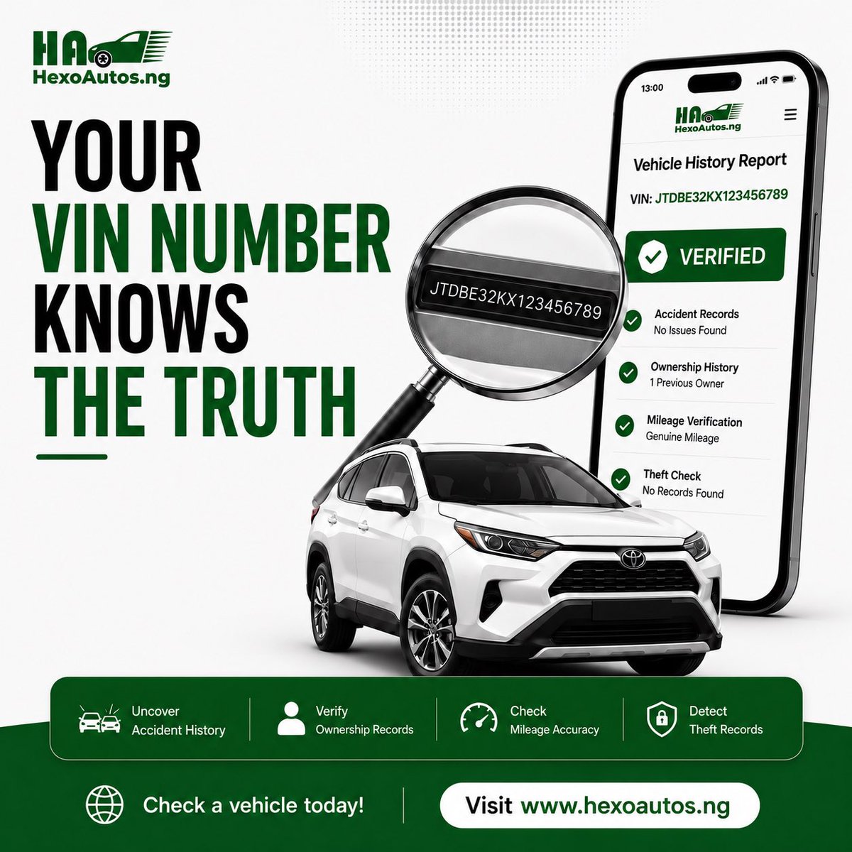 hexoautos's tweet photo. Before you buy any used car in Nigeria, take a moment to verify what the VIN number reveals. 

Visit https://t.co/ysU1hiwqbF

#VehicleHistoryCheck #VINCheckNigeria #UsedCarsNigeria #CarBuyingTips #HexoAutos https://t.co/BjXefVLhSw