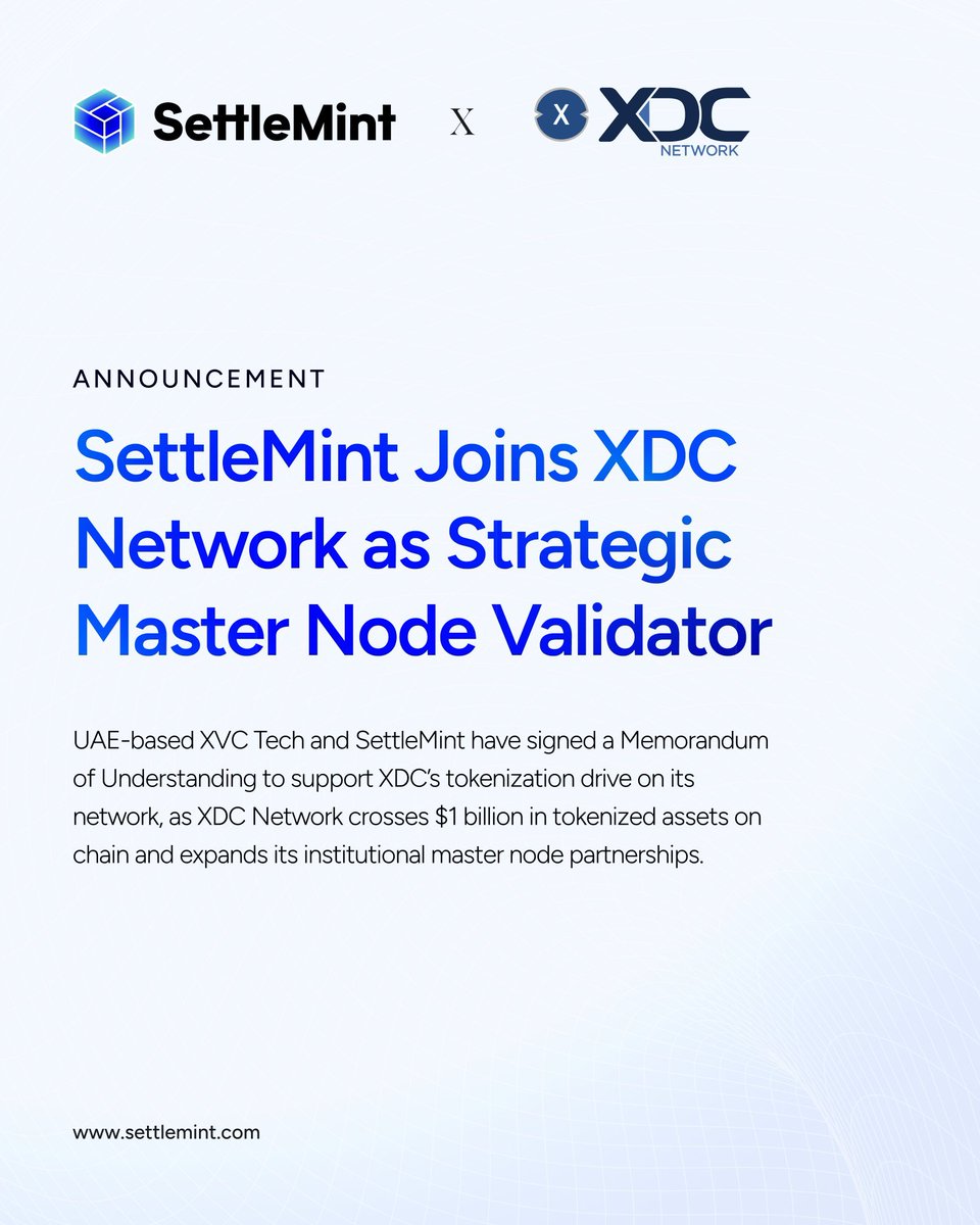 CarlosXWeb3's tweet photo. ๐จ #SettleMint and #XDCNetwork join forces to advance institutional-grade RWA markets.
๐ฆ Compliance-first
๐ Global reach
โก Tokenization at scale
๐ Read more: https://t.co/bjspSz936d
#XDC #RWA #Tokenization #Blockchain #Tokenization #TradeFinance
@XDCNetwork @SettleMintCom https://t.co/ByGPySBmff