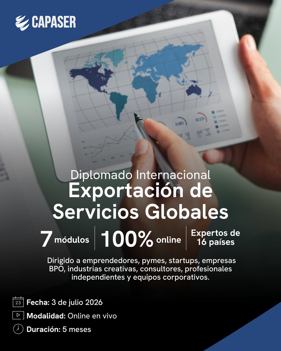 CapaserPy's tweet photo. En julio arranca el Diplomado Internacional de Exportación de Servicios Globales, impulsado por ALES y Capaser: 7 módulos, expertos de 16 países y clases 100% online diseñadas para profesionales con agenda ocupada. https://t.co/uLVq8SNxs6