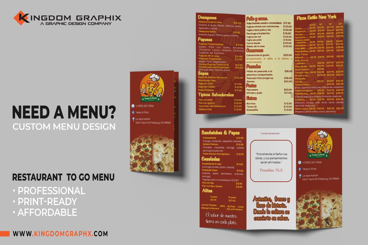 KingdomGraphix1's tweet photo. Need a custom menu? 📷📷 Professional, print-ready menu designs that help your business stand out.  Send Us A DM! #kingdomgraphixx #graphicdesign #LogoDesign https://t.co/X6yH5pzpg9