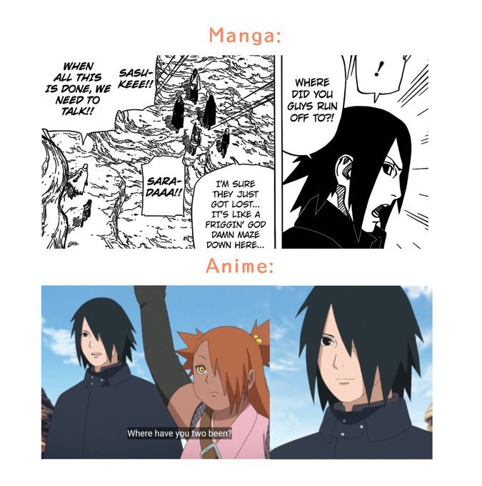 Sakura56998760's tweet photo. En el manga la frustración de Sasuke por encontrar a Sakura y ver que sarada y Naruto andaban de aventureros es más notable ..en el anime bueno como siempre 🫩 https://t.co/Ip3RyvydIv