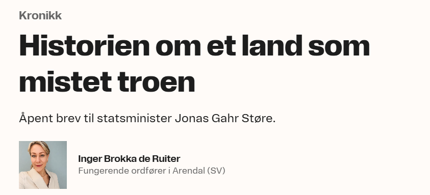 JanHerdal's tweet photo. På jakt etter Peak arroganse? En god kandidat, skrevet av Arendals SV-ordfører Inger Brokka de Ruiter. Her får du et grønt virkelighetsbilde som inkluderer at EUs batterisatsing går så det suser. Smakebiter:

"FrP valgte å gå til frontalangrep på det grønne skiftet på en måte som ikke kan beskrives på noen annen måte enn som populistisk og kunnskapsløs."

"Historien om Morrow er ikke historien om at skattebetalernes penger ble kastet ut av vinduet." 

"Morrow klarte seg til tross for staten, ikke på grunn av den." (!) 

Inger Brokka de Ruiter må være en av de mest kunnskapsløse og arrogante mennesker jeg vært borti. Det er egenskaper som ofte henger sammen. https://t.co/Tawz3pbCQC