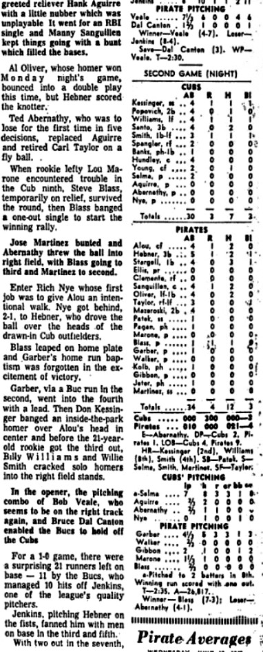 rieraci's tweet photo. 1969 - Richie Hebner was the man in a twinbill sweep at Forbes Field against the first place Chicago Cubs, driving in the game’s only run in a 1-0 victory in the opener &amp; then plating a walk-off RBI in a 4-3 nightcap win. Bob Veale won the lidlifter &amp; Steve Blass won the second. https://t.co/keY2RY57I5