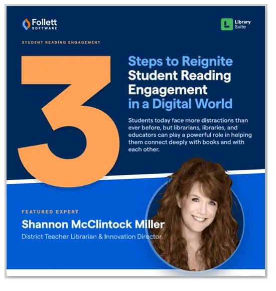 shannonmmiller's tweet photo. 3 Steps To Reignite Student Reading Engagement in a Digital World! π
Find this wonderful NEW infographic from my @FollettSoftware webinar here in this post. β¬οΈ
And a link to the free webinar recording is there too.
https://t.co/AixRleEYOu
#tlchat #ISTElib #libraries #education #futurereadylibs