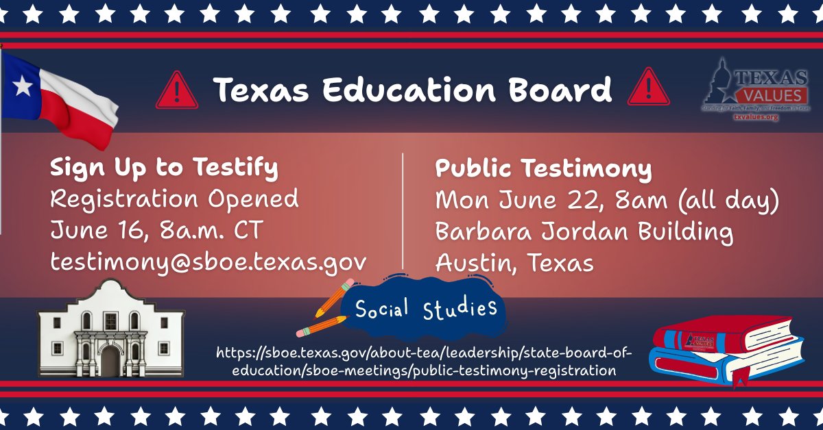 txvalues's tweet photo. 🚨 Tell SBOE: Don’t Erase 250 years of History! Sign up to Testify!🚨

Registration Opened for Public Testimony on the Social Studies standards at the Texas State Board of Education! Sign up and let your voice be heard to preserve our American and Texas heritage!

The SBOE will be taking public testimony on the most recent draft of the Social Studies TEKS next Monday, June 22. You must register in advance in order to speak. The deadline to register is Friday, June 19, at 5p.m.

Sign up to testify on Monday, June 22 , Agenda Item 2 on Social Studies! When you get to the Public Testimony page, select day June 22, Committee of the Full Board (COFB). Once you select June 22, select agenda item 2 on Social Studies. Please register your position as “For”!  https://t.co/TfoRsIFiPC

You can also submit written testimony to this address: Testimony@sboe.texas.gov  BUT we need as many as possible to show up in person!