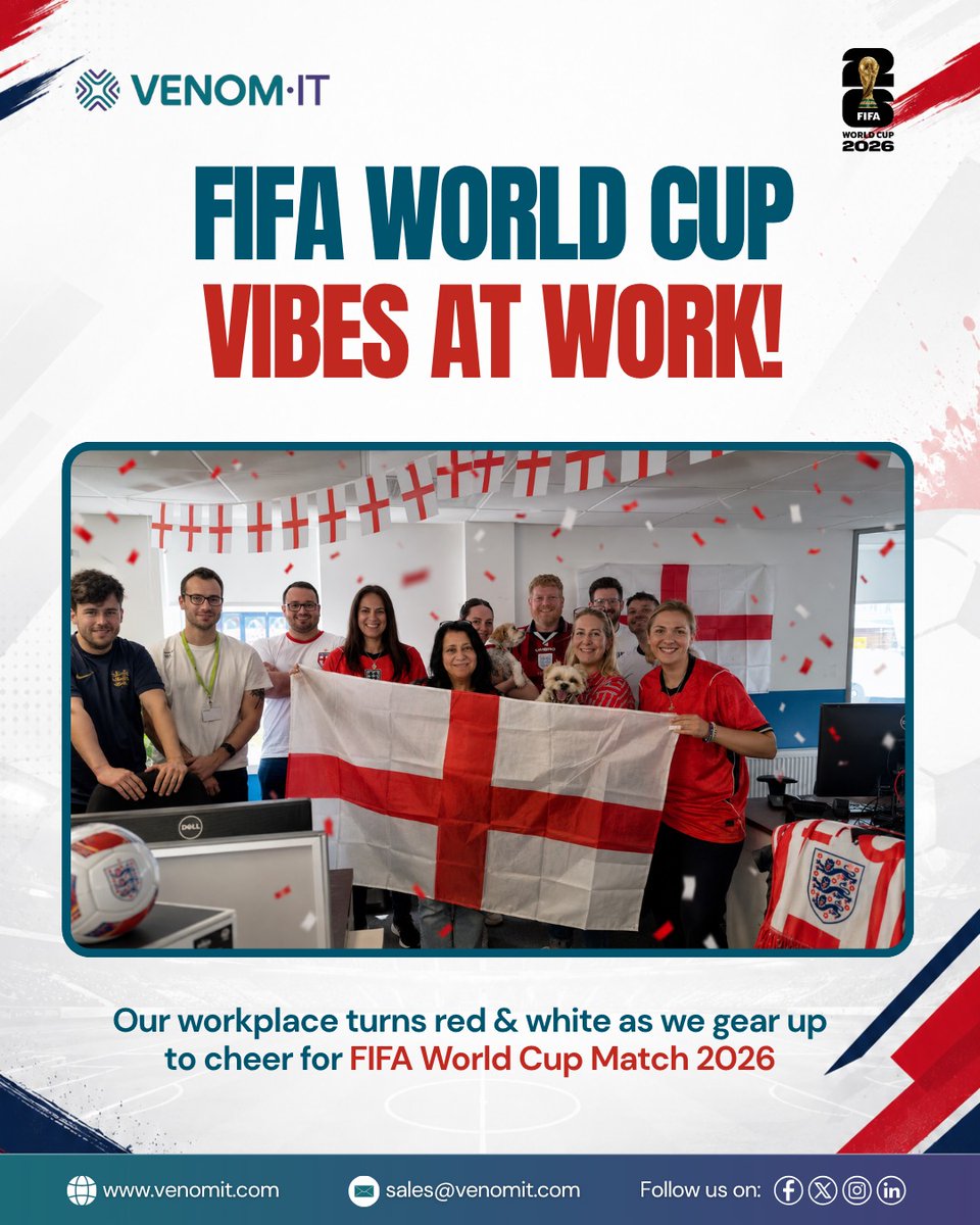 VenomIT's tweet photo. World Cup excitement is taking over the #VenomIT office. Venom IT staff had a Red &amp; White day, with flags, colors, and It's Coming Home on repeat.

As England steps onto the field today for their first World Cup match, our team comes together to show support 

#FIFAWorldCup2026 https://t.co/flTA7mRZoi